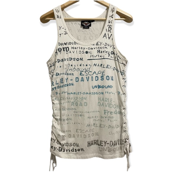Harley-Davidson Tops - Harley Davidson Tank White Logo Print Motorcycle Lace Womens Large L